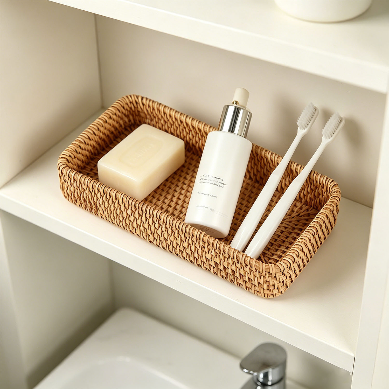 2 Hand-Woven Rattan Bathroom Storage Trays, Multi-Functional Entryway Tabletop Key and Sundries Decorative Tray, Toilet Tank Decorative Basket for Storing Keys, Vanity Items, Candles, Ornaments, Perfume, and Long Hand Towels, Exquisite Home Storage