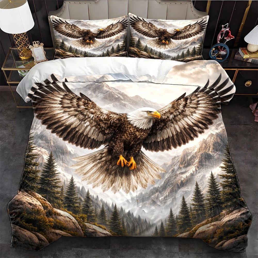 TEMU 3pcs Eagle Mountain Themed Duvet Cover Set, 3pcs Bedding (1 Duvet Cover   2 Pillowcases), Suitable For , Machine Washable, Hidden Zipper Design,