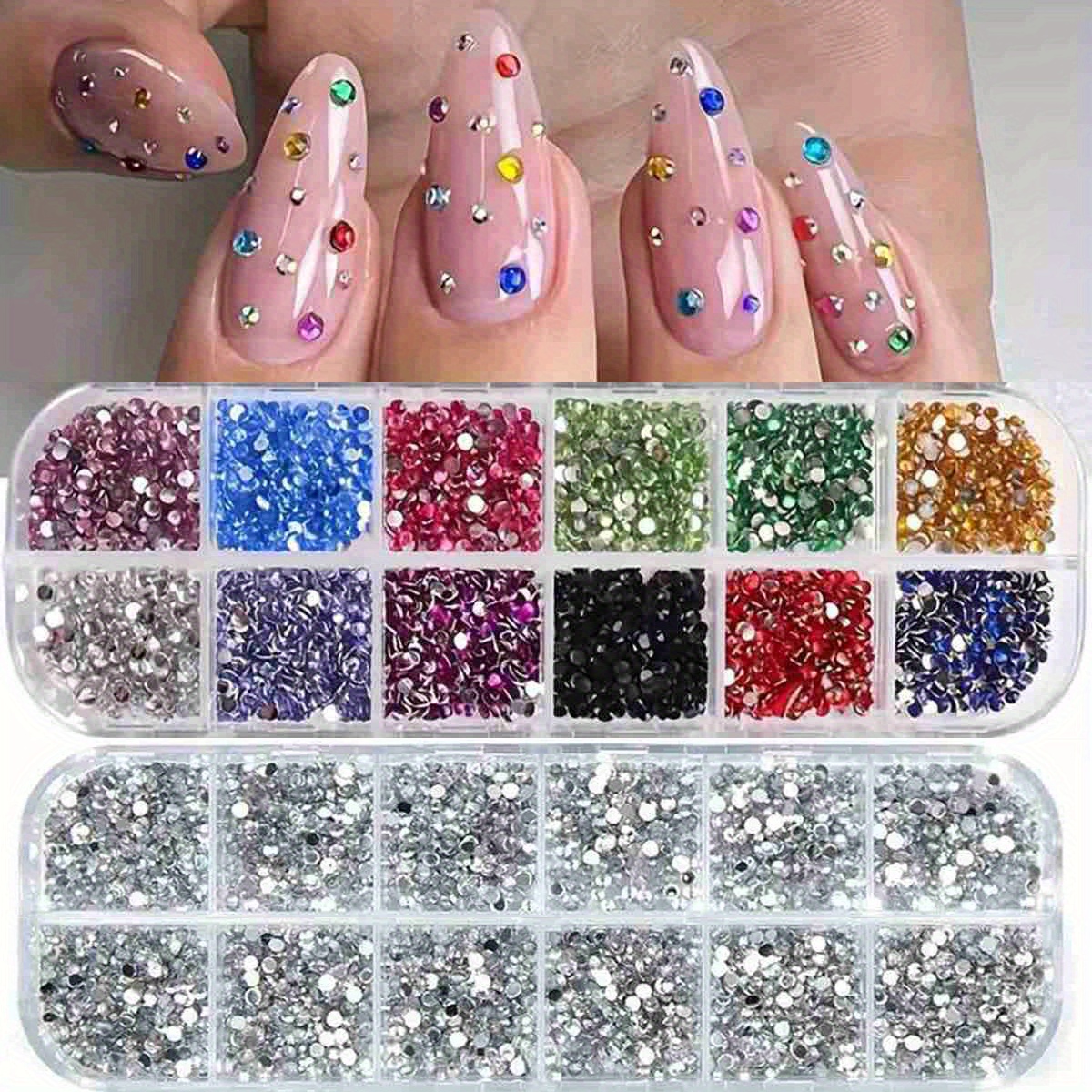 12 Grid Multi-Size Nail Art Rhinestones - 3D Acrylic Gemstones & for DIY Manicure, Assorted Colors & Shapes (Stars, Hearts, Flowers) - Professional Salon & Home Use Nail Decorations, Nail Accessories, Manicure Enhancements, Sparkling Rhinestones