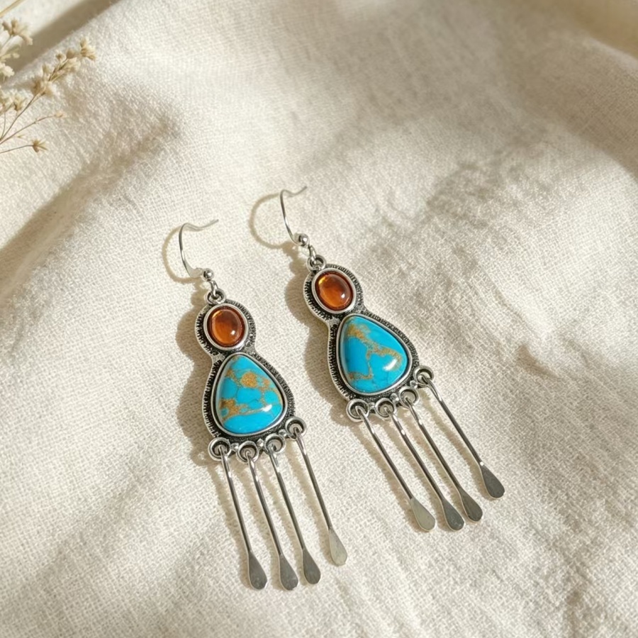 TEMU A Pair Of Vintage Bohemian-style Turquoise Amber Tassel Geometric Drop Earrings, A Jewelry Gift Suitable For Women' Wear, Parties, And Travel