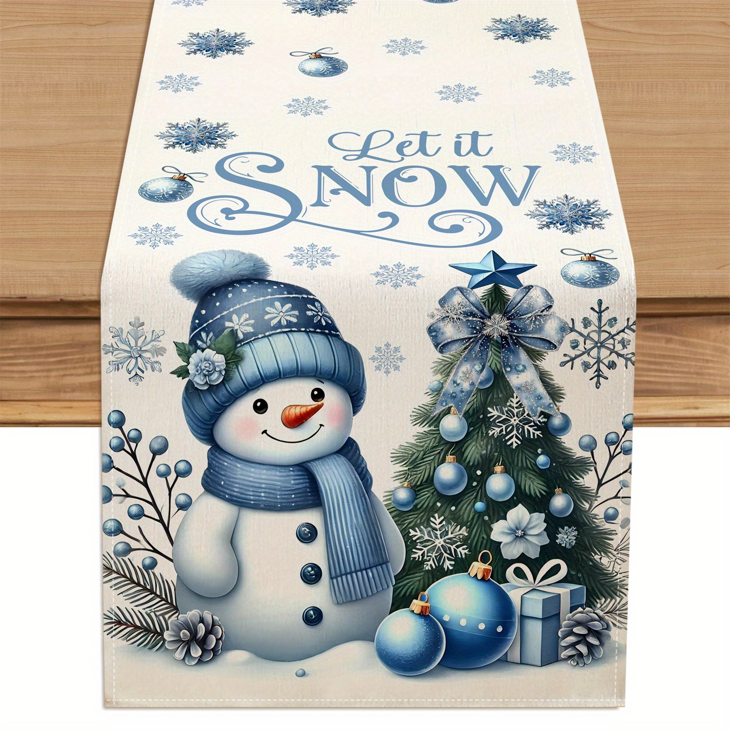 TEMU A Single Featuring A Blue Snowman, Snowflakes, A Christmas Tree, Christmas Balls, And A Festive Tablecloth Suitable For Decorating Restaurants,