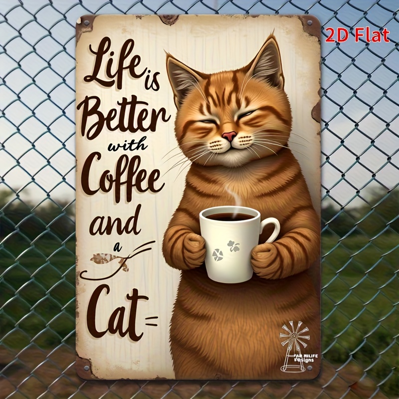 TEMU 2D Plat, Vintage Kat en Koffie Metalen Wandbord - 20.32x30.48cm Rustieke Boerderijstijl Keukendecoratie met Gemberkleurige Cyperse Kat en