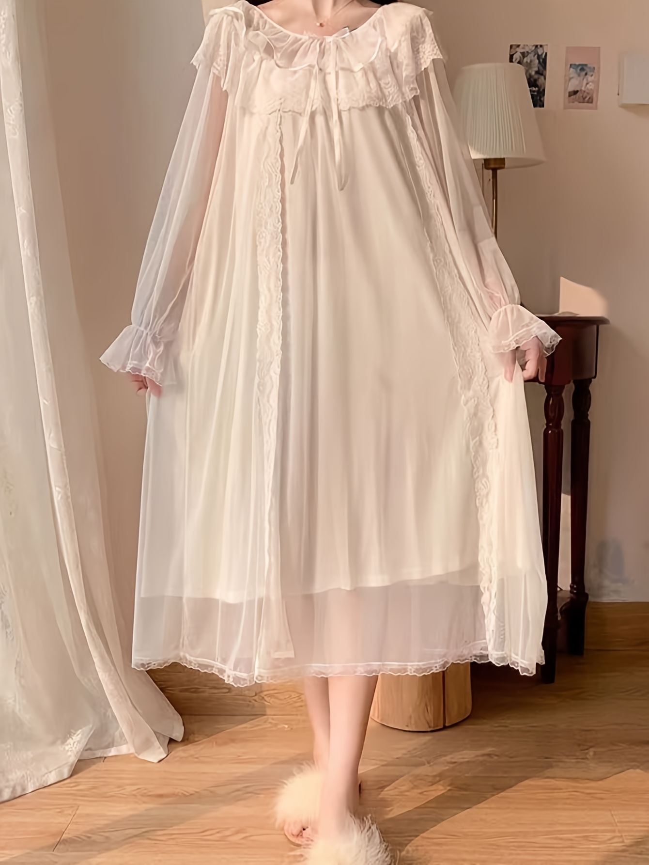 knee length dresses for ladies Long Sleeve Maxi Soft Curling Sheer Dress White / S - White main image 0