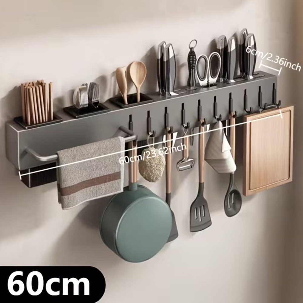 Image of Wall-mounted Stainless Steel Kitchen Utensil Rack With Multiple Hooks And A Removable Drain Tray; -saving Storage Box For Spatulas, Long-handled Spoons, And Towels In Cabinets And On Countertops
