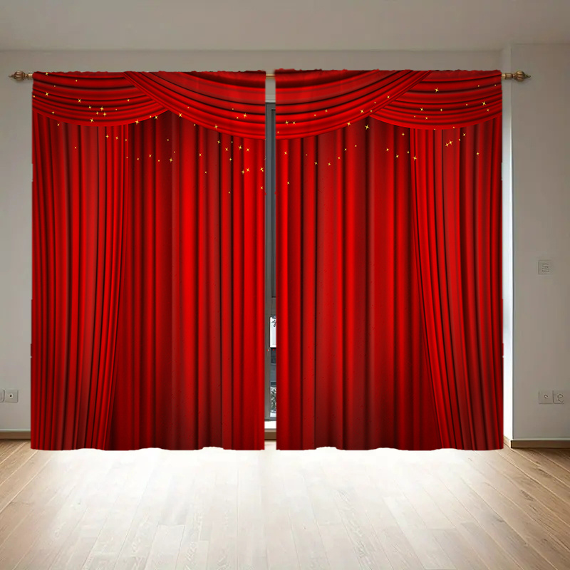 

2pcs Red Printed Curtains, Polyester , , Rod , For , , , - No Or Battery Needed