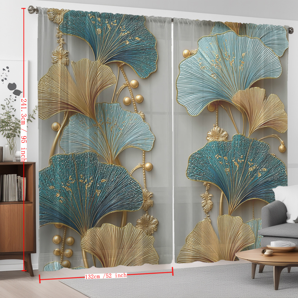 TEMU 2pcs Rideaux Voilages Décoratifs de Maison Imprimés Style Chinois Ginkgo, Bleu et Doré, de Luxe et Légers, Style Moderne, Rideaux de Fenêtre