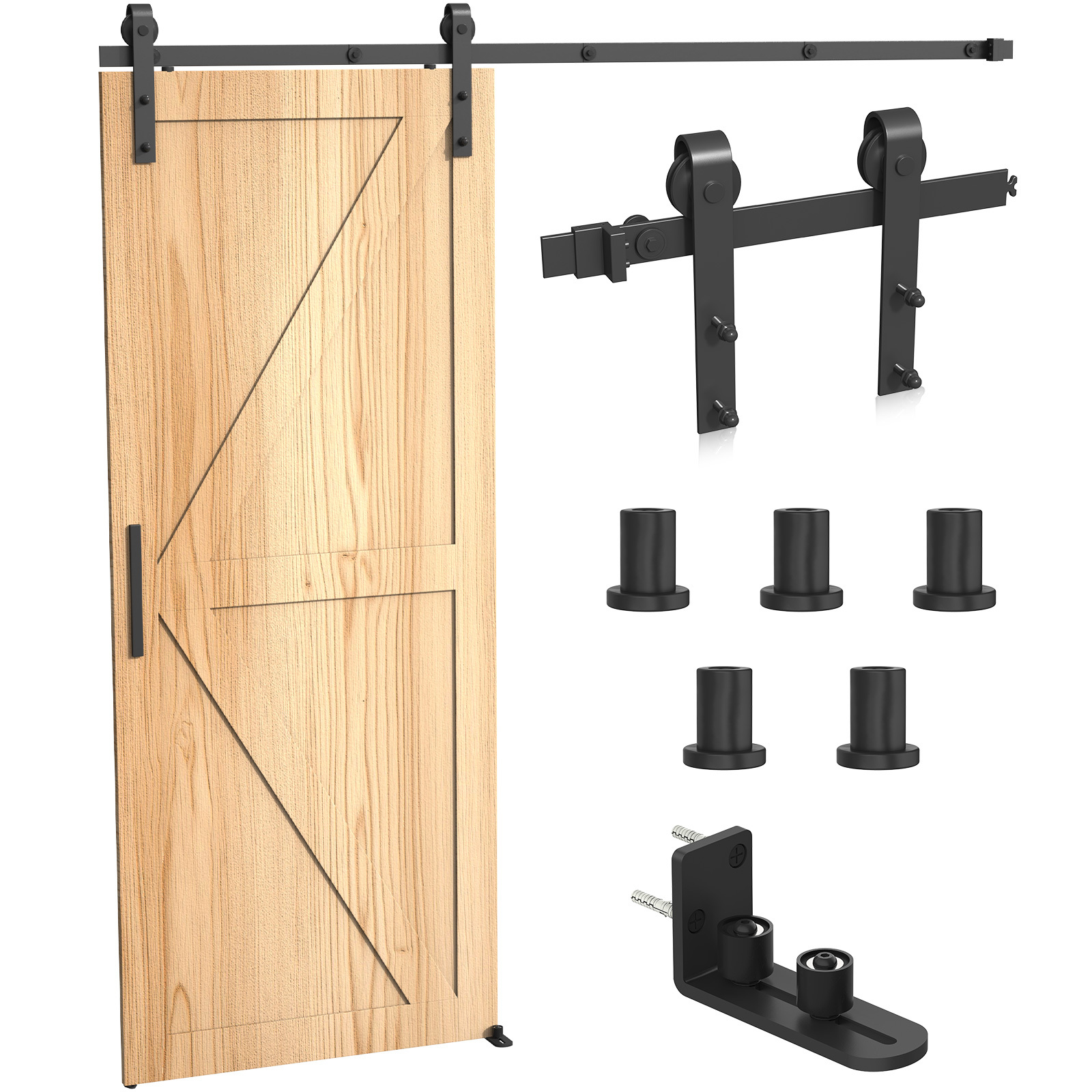 Image of Carbon Steel Barn Door Hardware Kit, Complete Sliding With Rollers, Stops And Floor Guide, Fits Wooden Doors For Living Room, Kitchen And Closet