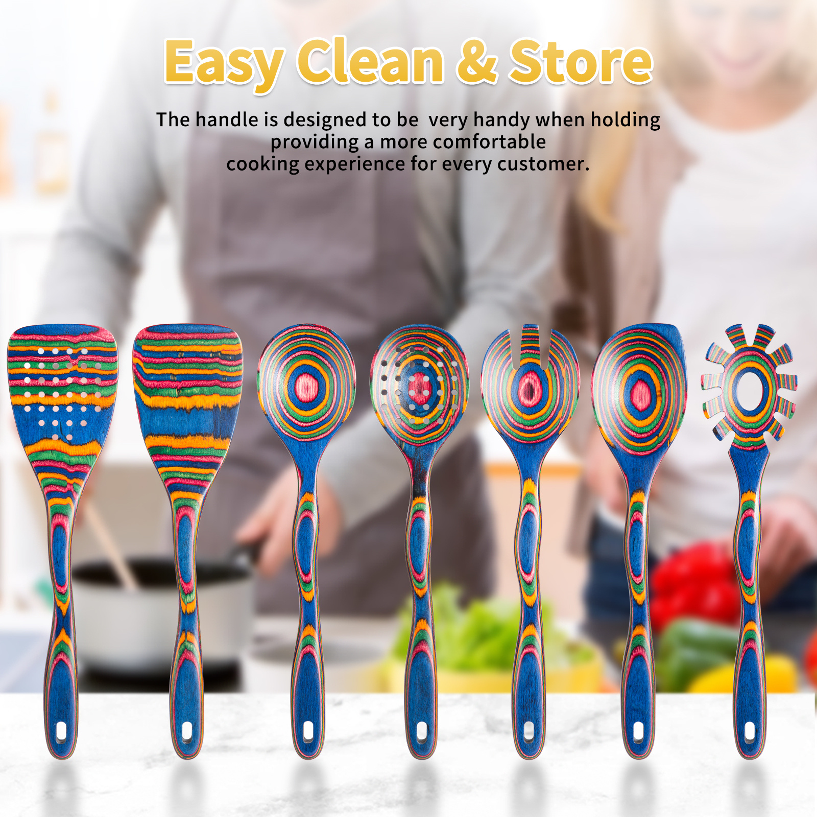 7pcs Pakkawood Blue Wooden Cooking Utensil & Spoon Set - Non-Stick Wood Kitchen Tools with Spatula, Slotted & Solid Spoons Suitable for /Outdoor Use, Holiday Gift (Christmas, Mother' Day)