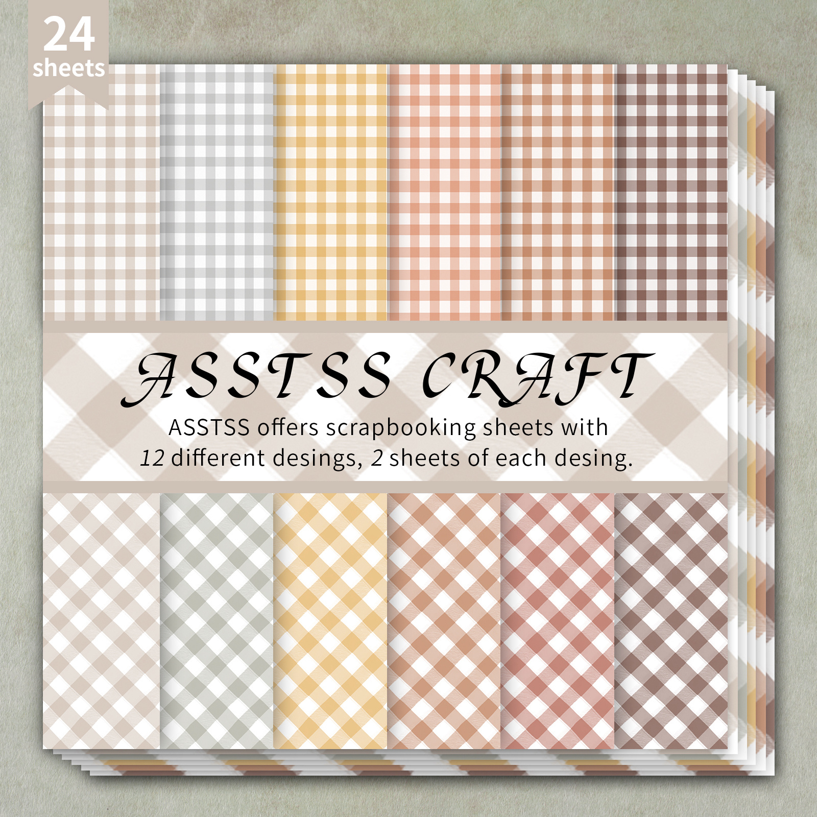 TEMU ASSTSS Bloc de Papier Scrapbooking de 24 Feuilles avec Feuilles de Support Vintage Gingham - Carton Épais 6"x6" Pack de Design Floral & Gingham