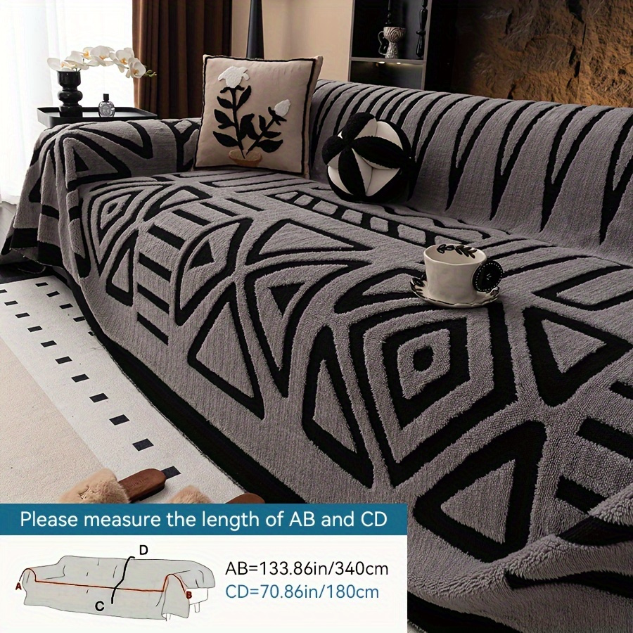 Image of 1pc Modern Geometric Plush Sofa Cover- , Dust-proof, Pet-friendly Couch Protector In Black& White/cream- Machine Washable, Fits Single To Four-seater Sofas For Living Room& Bedroom Decor