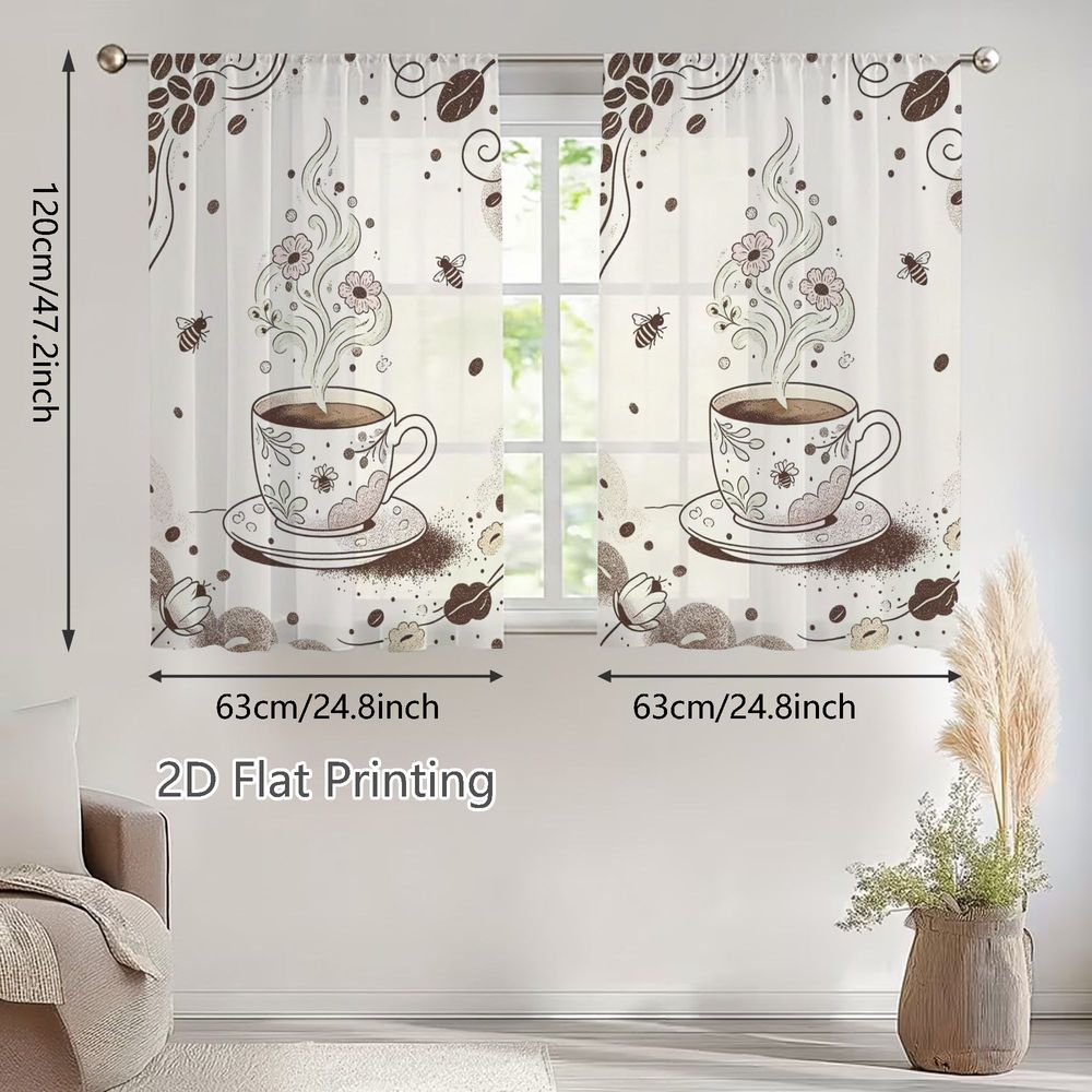 TEMU Plat 2D, 2pcs Rideaux Voilages Printemps Été, Motif Floral Fantaisiste Marron et Crème avec Élégantes et Vapeur Tourbillonnante, Parfaits pour