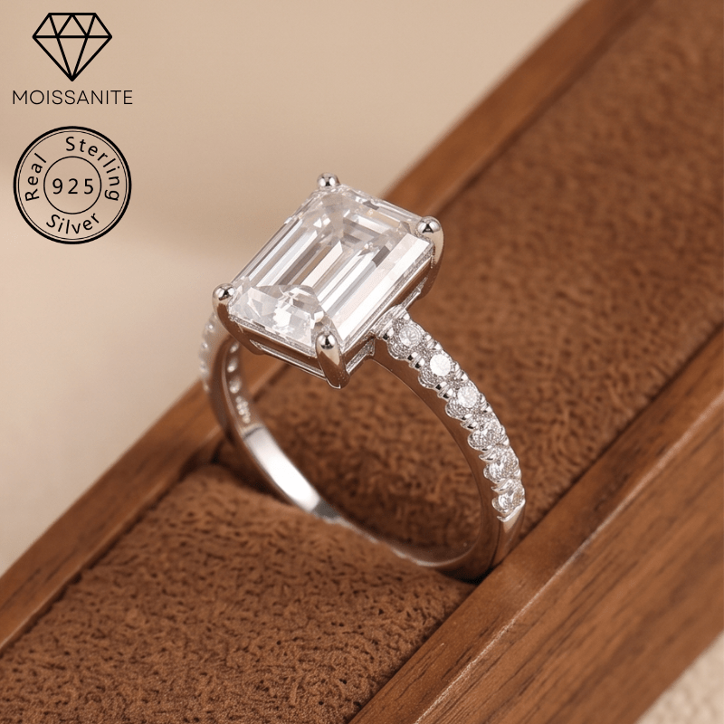 Women's 925 Silver Emerald Cut White Moissanite Ring, Classic Design