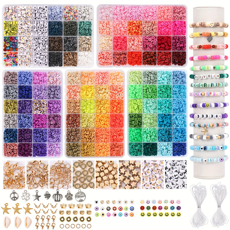 

6440pcs Soft Clay Beading Kit, Polymer Watercolor Beads In 48 Colors, With Charms, Pendants, String For Making, Bracelets, Necklaces