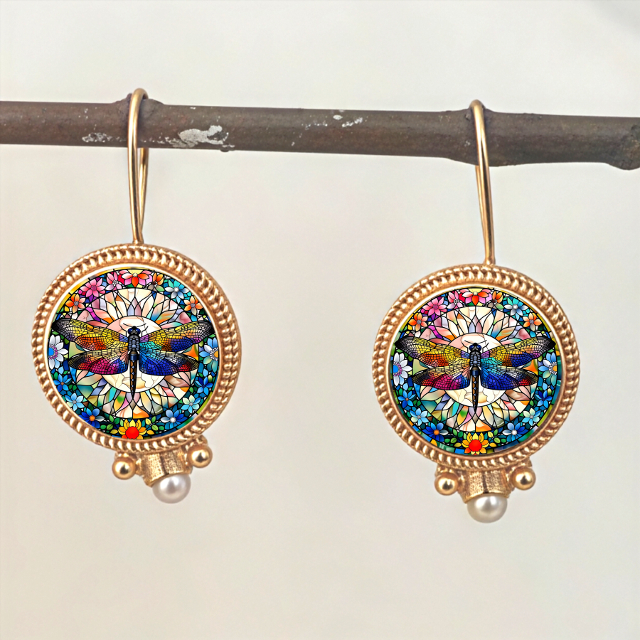 TEMU 2pcs Dragonfly Earrings Stained Glass Earrings Floral Earrings Nature Earrings Circular Earrings Insect Earrings Unisex Earrings Jewelry