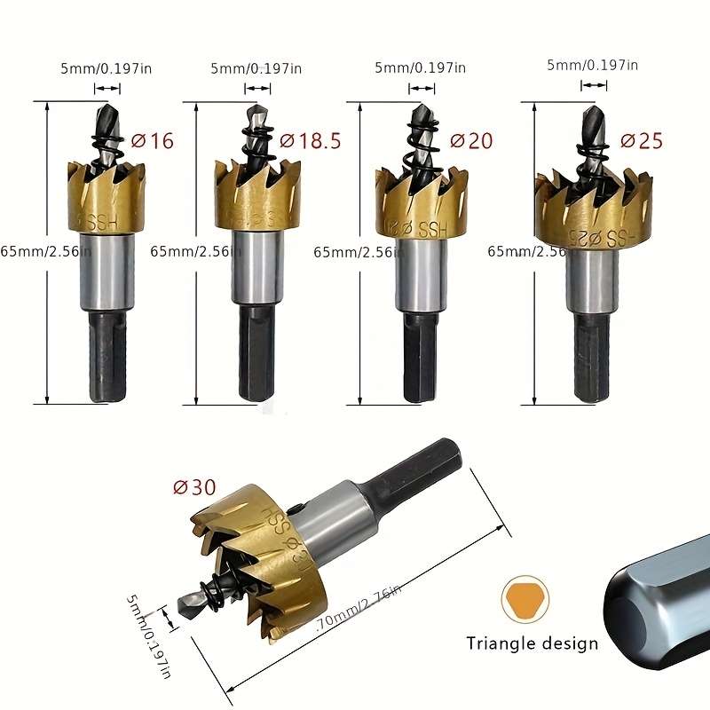 Set Of 5 Hss Drill Bits(16mm-30mm) With Key For Precise Drilling On Metal And - Anti-rust Coating And Durability
