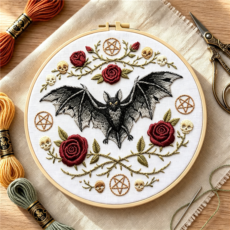 Gothic Black Bat Red Rose Skull Embroidery Kit for Beginners