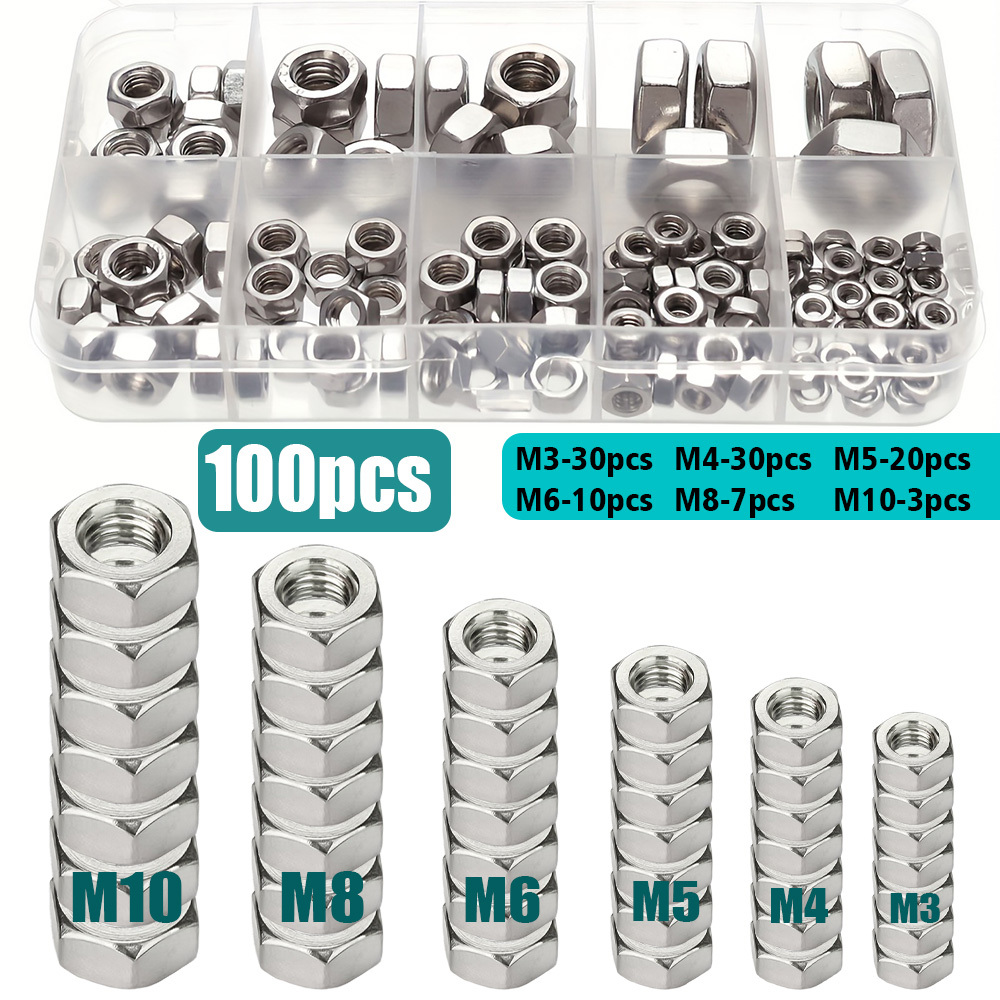 TEMU Ensemble de 100 écrous hexagonaux en acier inoxydable M3, M4, M5, M6, M8 et M10, adaptés aux ajouts d'équipements industriels et à de la