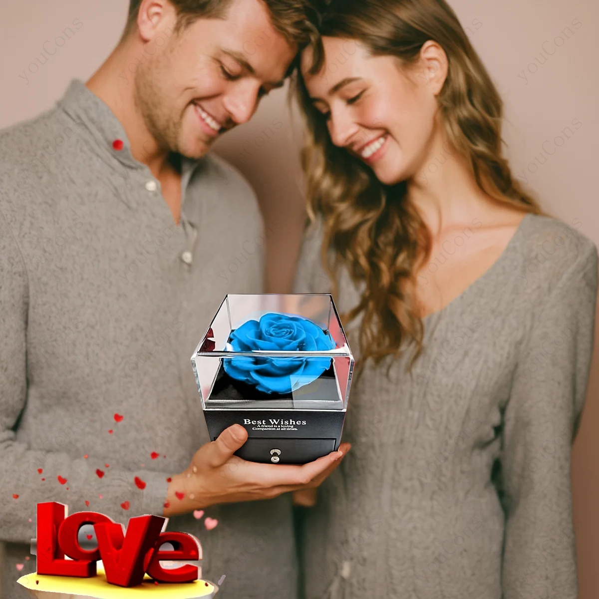 Light Blue Double Heart Pendant Necklace with Exquisite Gift Box, Romantic Gift