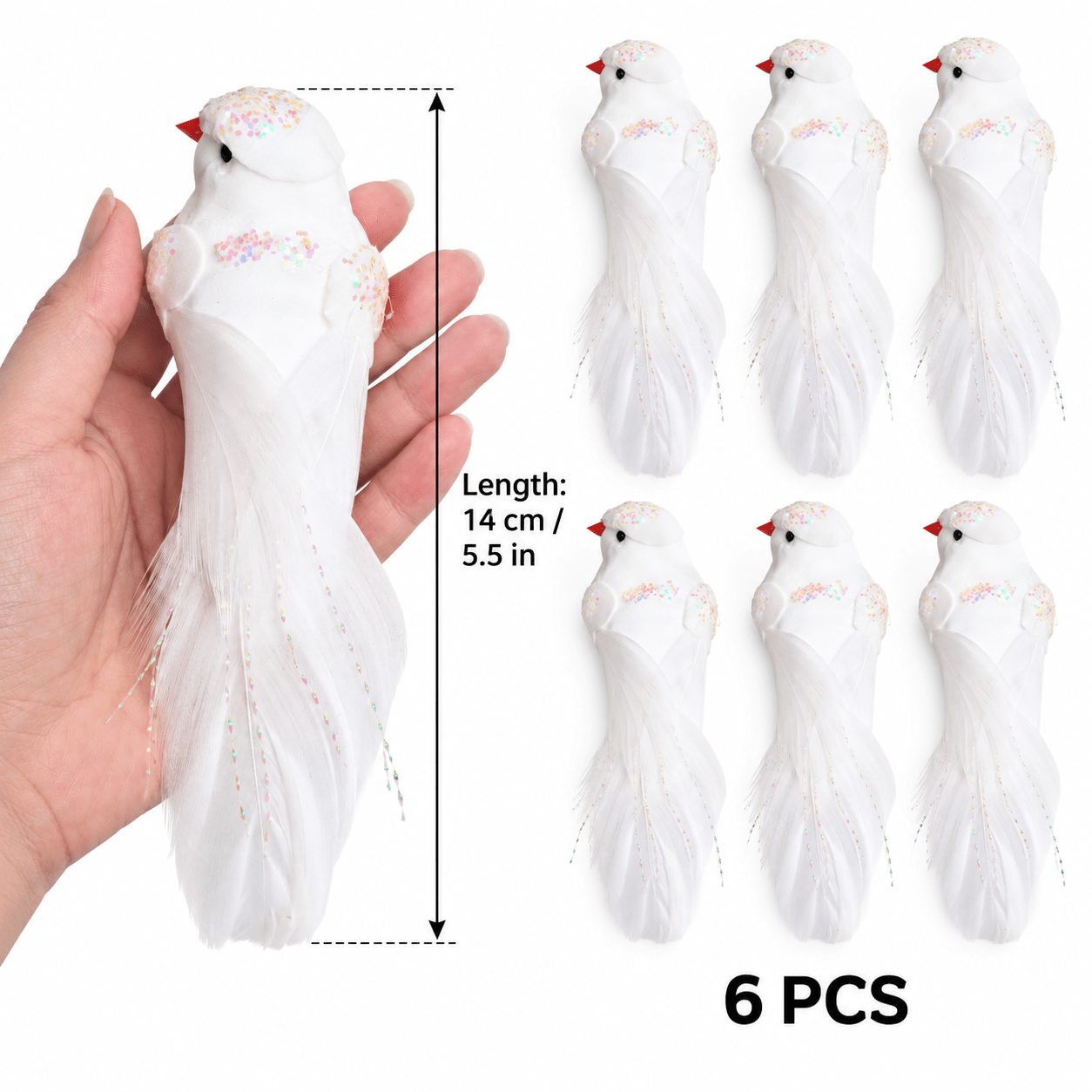 TEMU Lot de 6 décorations de blanche pour sapin de Noël avec pinces, ornements d'oiseaux en plumes simulées, pour couronnes de Noël, branches d'arbre