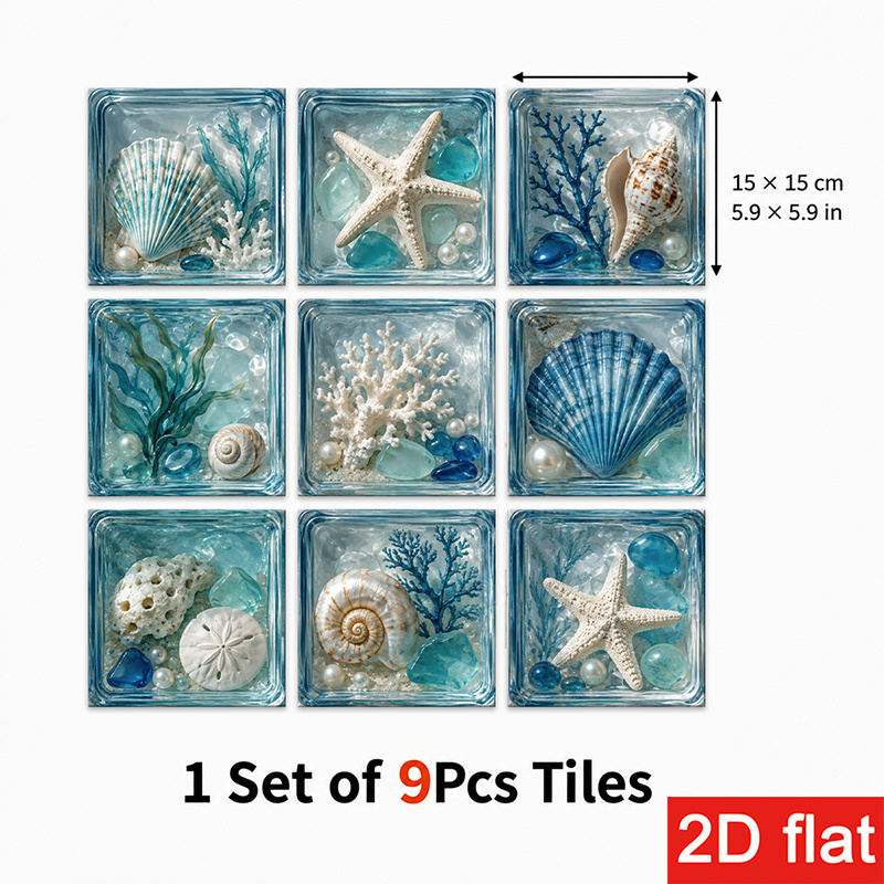 TEMU 2D Platte 9 stuks 15X15Cm (5.9X5.9In) Kiezelsteen Stickers Premium - Oceaan Golf Schelp voor Keuken Achterwand, Badkamer, Woonkamer Muurtegels.