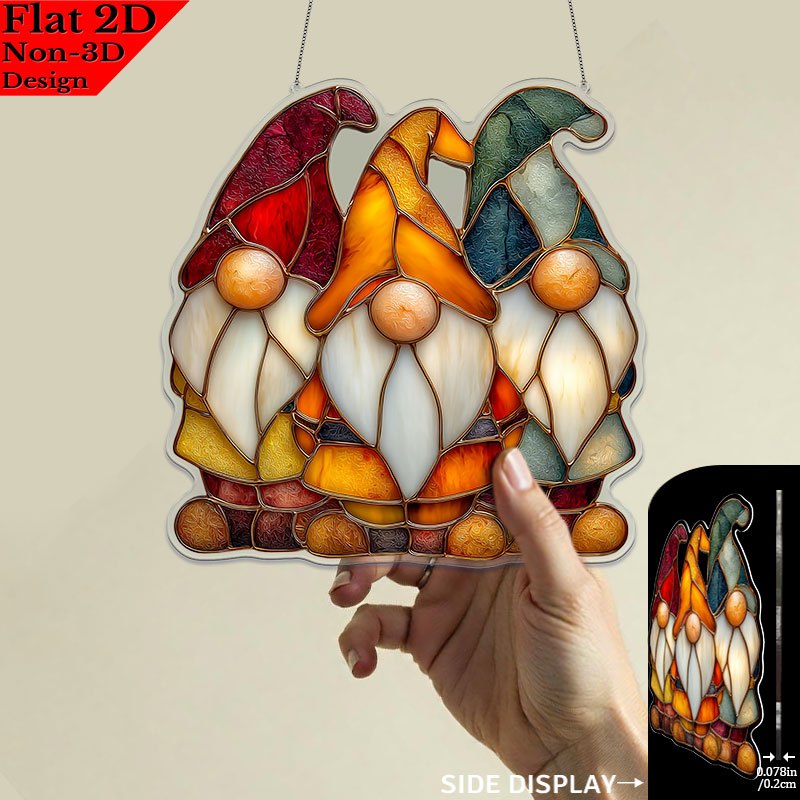 TEMU 2d Flat, 2d Flat Printing, 1pc, Garden Light-gathering Ornament (7.76 Inches X 7.87 Inches), | Gnome Acrylic Sun Catcher, 4 Gnomes Holding