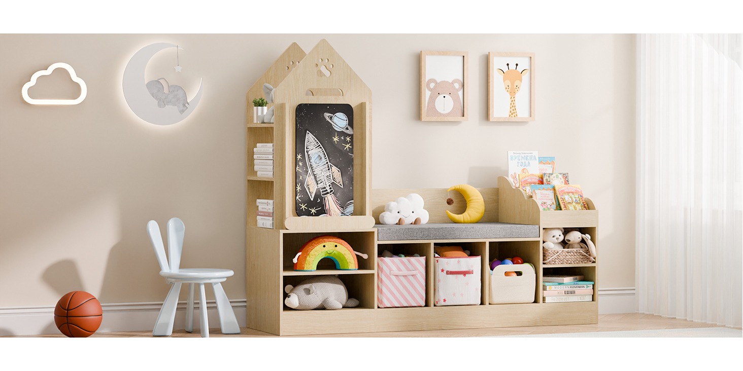 Bookshelf Featuring a Cozy Reading Corner, Wooden Organizer for Storage Equipped with a Chalkboard And Bench, Ideal Reading Nook for Boys And Girls, Shelf Suitable for Bedroom, Nursery, Or Playroom, Crafted from Natural Oak