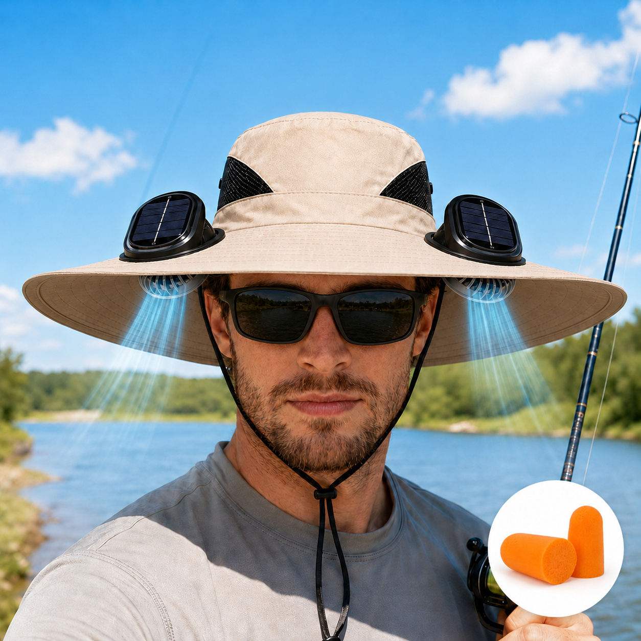 outdoor solar powered fan hat with dual fan setup and wide brim rechargeable via usb for long lasting   ideal for camping hiking and fishing