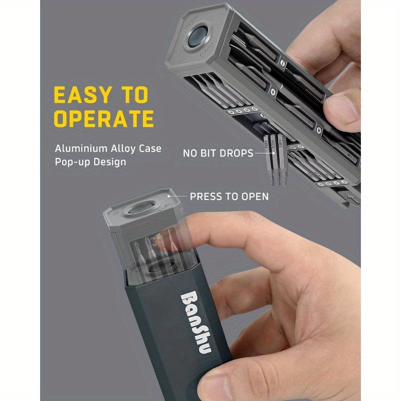   precision screwdriver set with magnetic tips - heavy-duty metal construction, ergonomic grip & compact case - phillips, flat, torx,  , pozidry, slotted, phillips #000 - for electronics, jewelry, automotive, home, diy, professional & personal use - ideal for smartphones, laptops, watches, cameras, pcs, glasses, toys - no power required -   magnetic bits for secure fastening - durable & portable tool kit for small repairs,   repair gear and diy tasks Product details 4