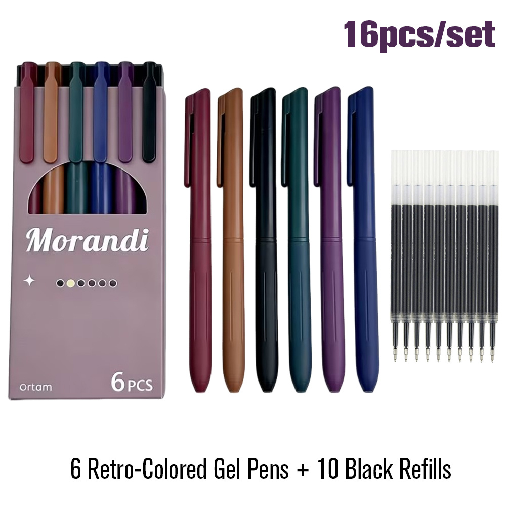 TEMU Set Of 16 Morandi Retro Colored Gel Pens: 6 Colored Gel Pens With 10 Refills, 0.5mm Fine Point Drawing & Journaling Pens For Scrapbook Planner,
