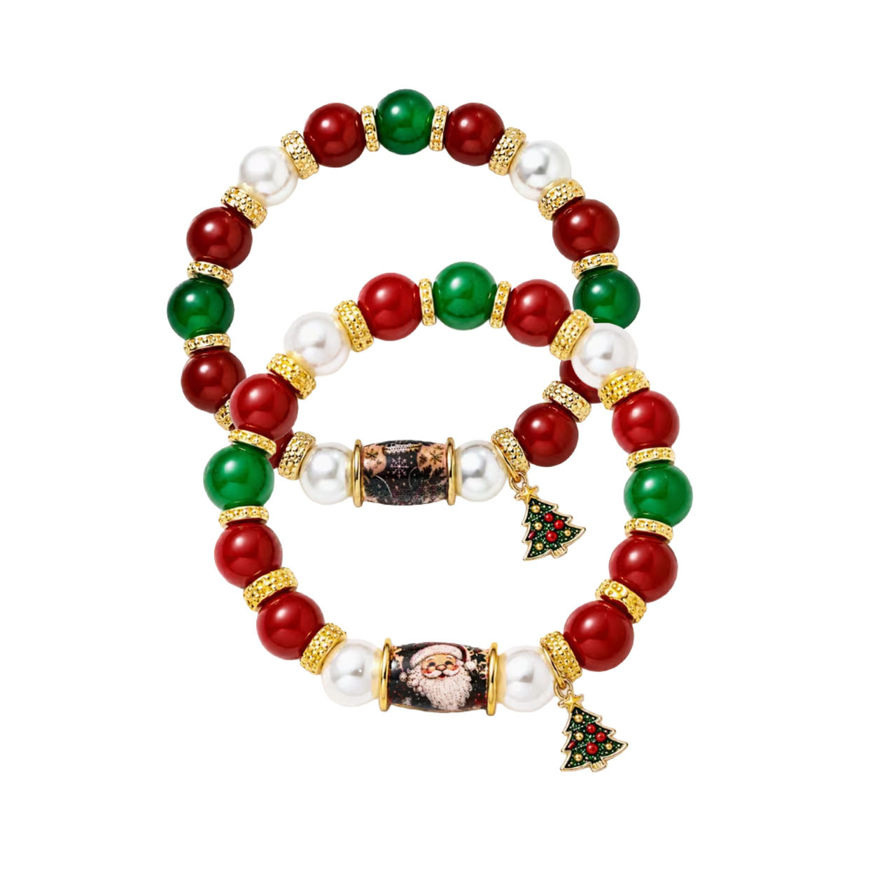 TEMU 2pcs Gvnmlv Women's & Santa Claus Beaded Bracelets With Red/green Beads & Christmas Tree Pendants, Elastic Stretch Suitable For Christmas, Y2k