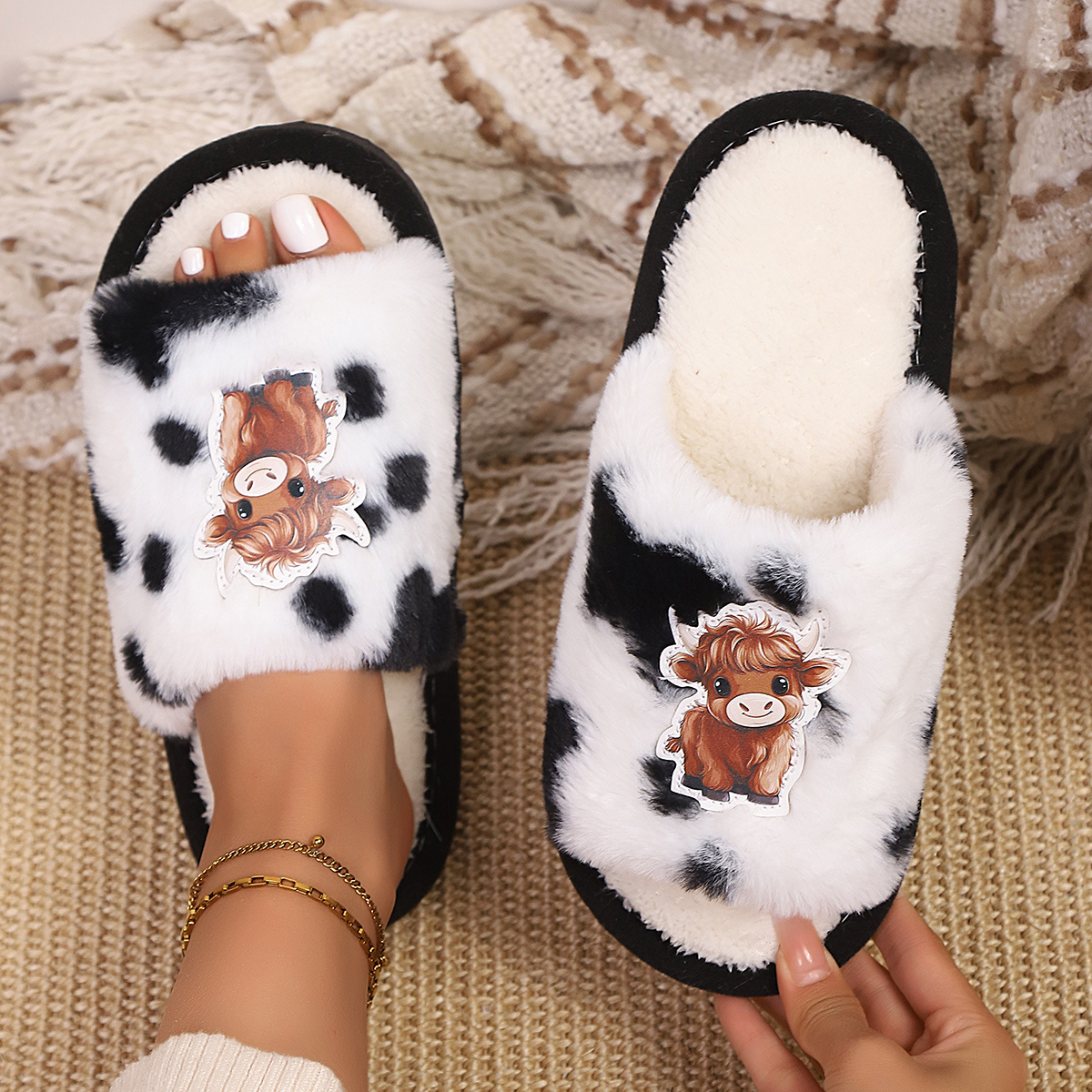 Image of Highland Cow Print Fuzzy Slippers Soft Plush Lined Winter Slides Thick Sole Cute Animal Design Indoor Footwear For Bedroom Living Room Cold Weather Daily Wear, Women Shoes