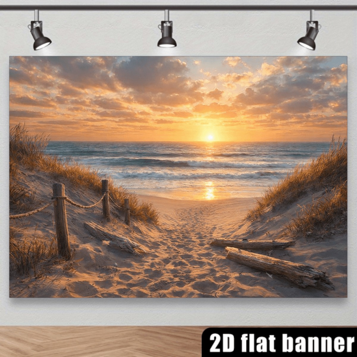 2d-flache, realistische sonnenuntergang-strand-wanddeko,   für zuhause, hochzeitshintergrund mit sanddünen, meereswellen & holzgeländern – kein   erforderlich, fotohintergrund für drinnen/draußen für frühlings-/sommerpartys, geburtstage, abschlussfeiern – paneel, 2d-flach