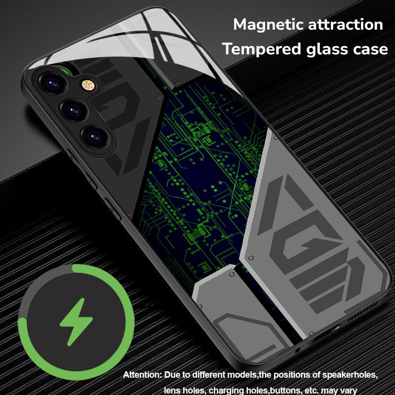TEMU Phone Case - Magnetic Trendy High-end Green Digital Pattern Tempered Glass Phone Case, Suitable For Galaxy Note20/s20/s21/s22/s23/s24/s25/ Fe,