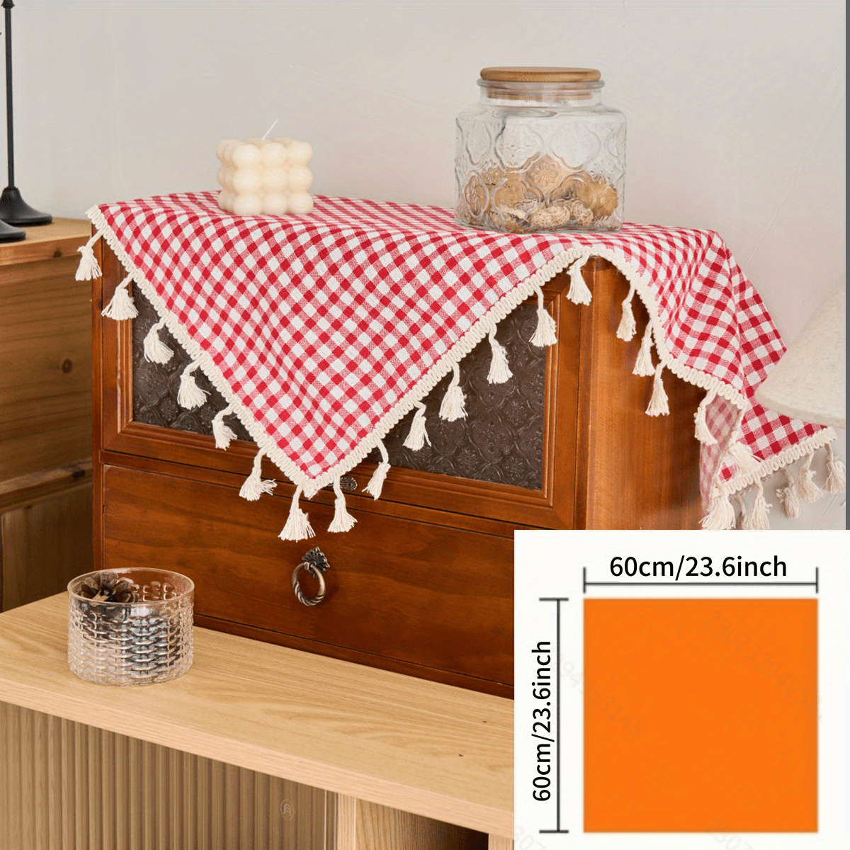 1pc Vintage Red White Checkered Table Cover Tassel Tablecloth Suitable For Retro Warm Atmosphere Creation Sideboard Decoration Table Cover Arrangement