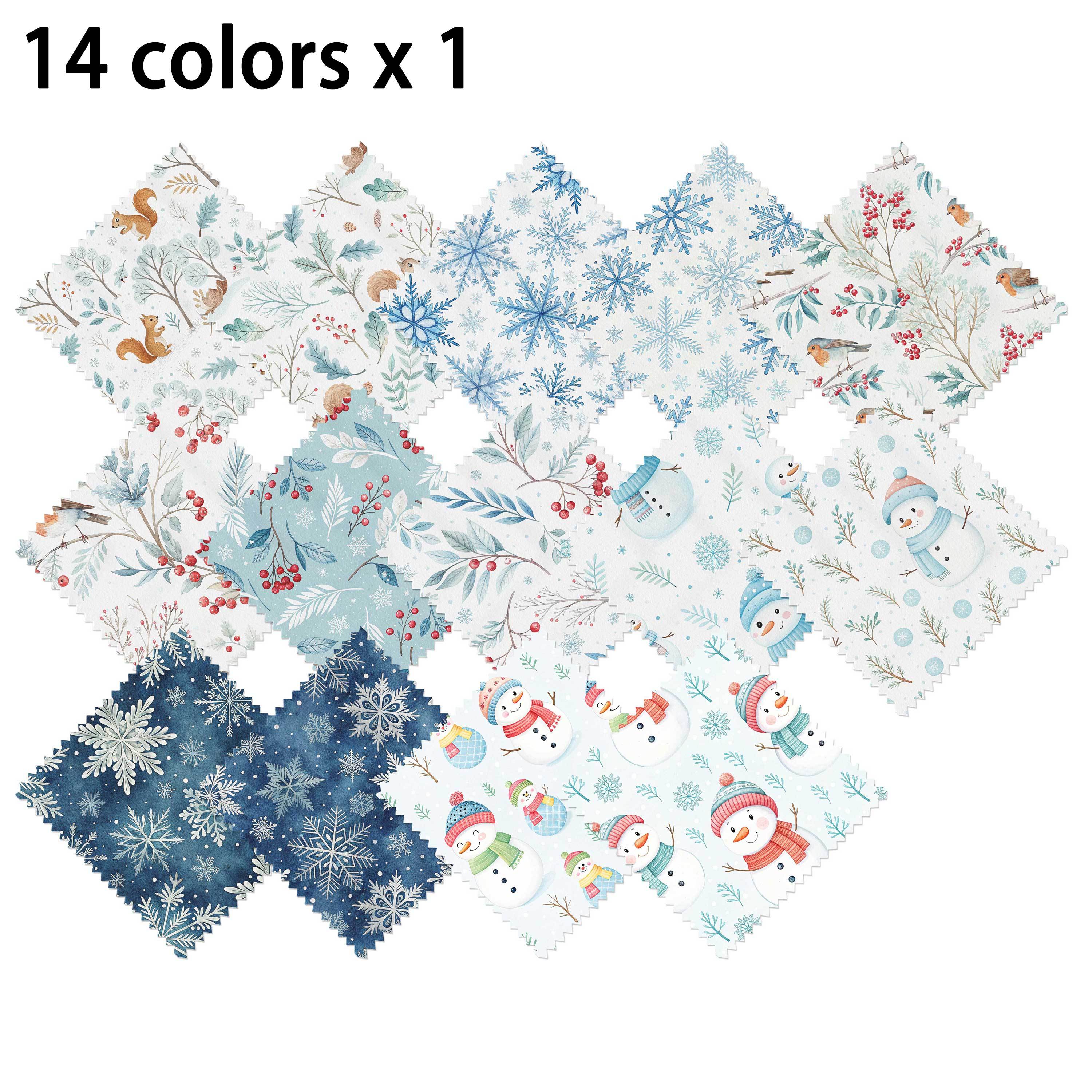 TEMU 14pcs Winter Snowman Fabric Set - Mint Blue Watercolor Suitable For Diy Quilting, Pre-cut Tablecloth Panels, Coin Purses & Hanging Decor With