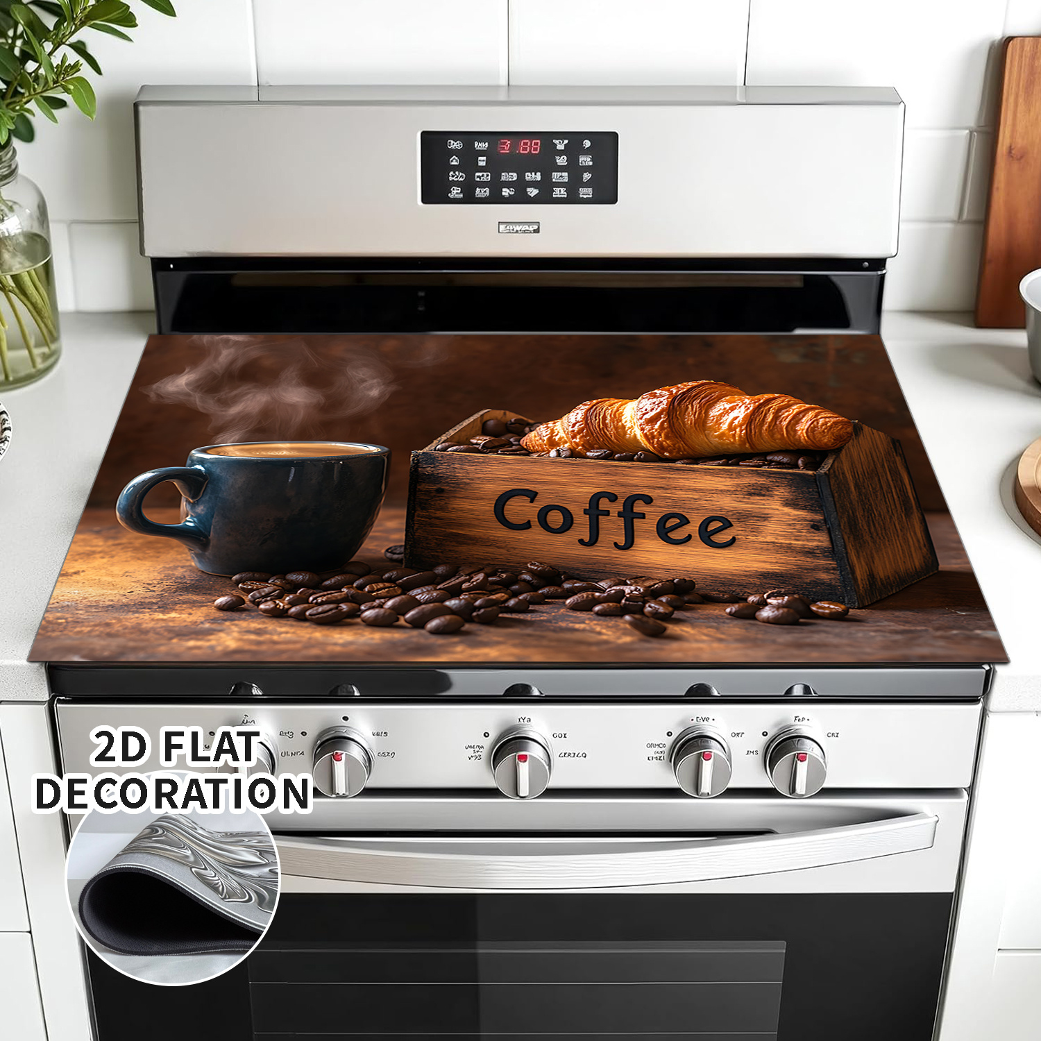 TEMU 2D Platte Decoratie, Elektrische Kookplaat Cover met Beker, Croissant- en Doos Design voor Kookplaat Bescherming. Rubber Gevoerde Gas Kookplaat