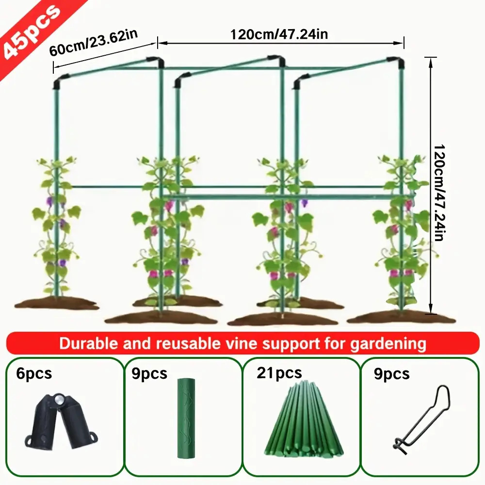 E-shop 45 robuste Metall-Weinstockstützen für den Garten - Extra dick, 0,8 mm Durchmesser, 21 Stangen, 60 cm lang + 9 Verbindungsstücke + 9 feste