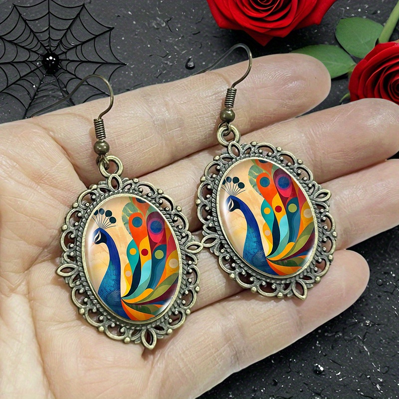 Peacock Painting Pattern Oval Glass Cabochon Retro Flower Earrings