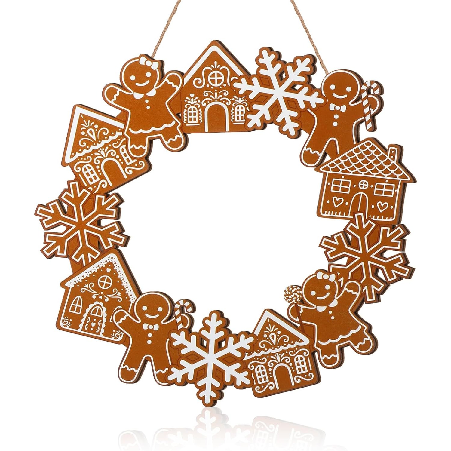 TEMU 11.8 Inch Rustic Farmhouse Gingerbread Wreath With Gingerbread Men, Houses & Snowflakes - Artificial Wood Door Hanger & Wall Decoration, No