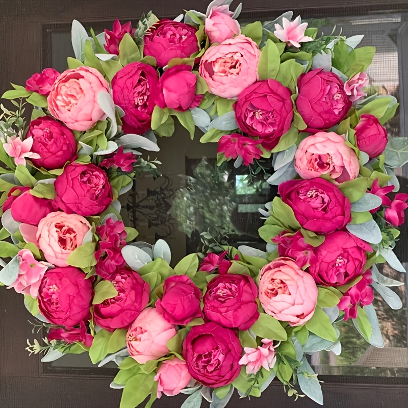 Image of Pink Peony Wreath Decoration, Suitable For Front Door, Mother's Day Gift, Porch, Valentine's Day Wreath, Party Wreath, Doorstep Wreath, Holiday Decoration Wreath, Decoration, Wreath