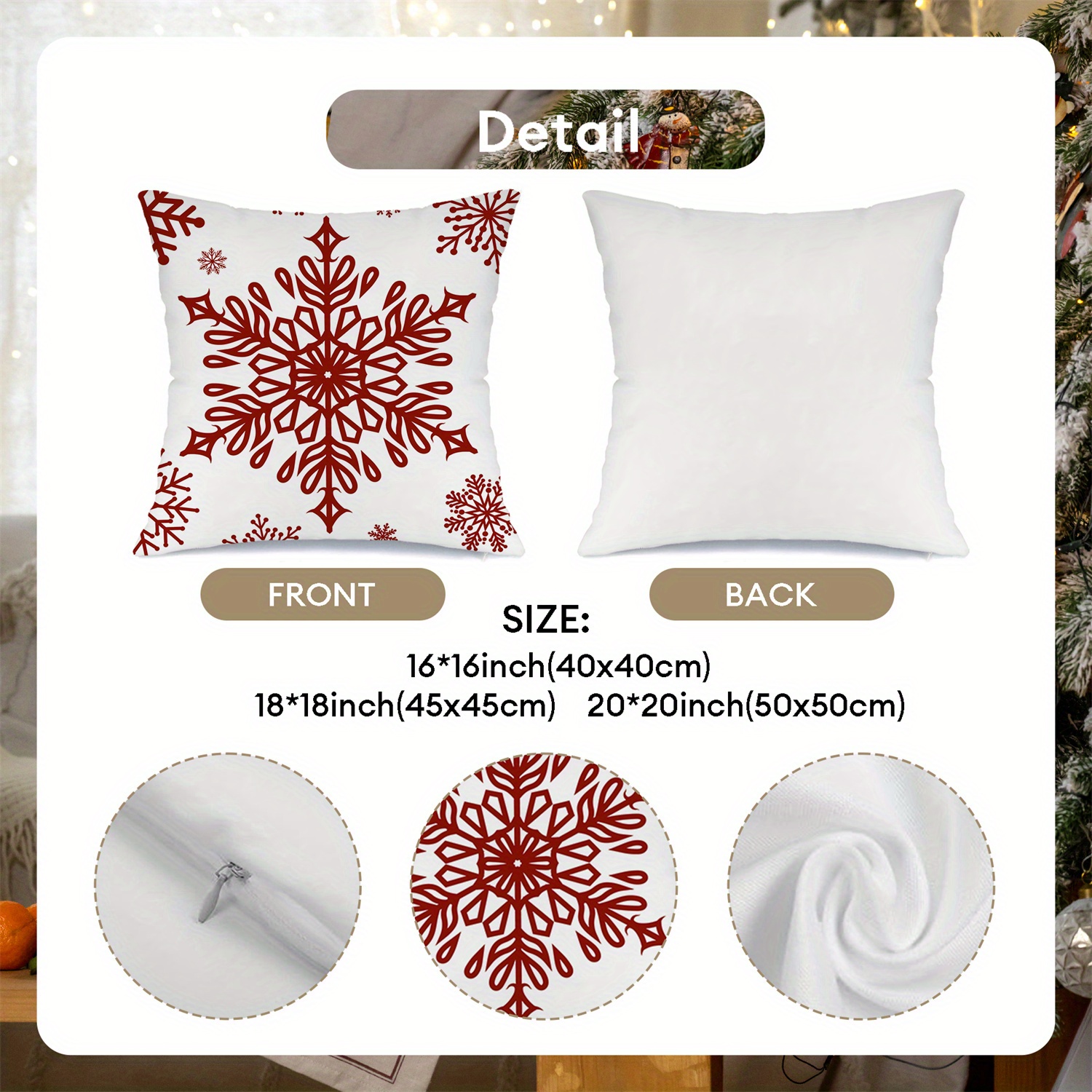 4pcs Christmas Throw Pillow Covers - Merry Christmas Christmas Tree Snowflake Christmas Ornament Designs, Zip Closure, Farmhouse Winter Holiday Decorative Cushion Case for Bedroom Sofa Couch