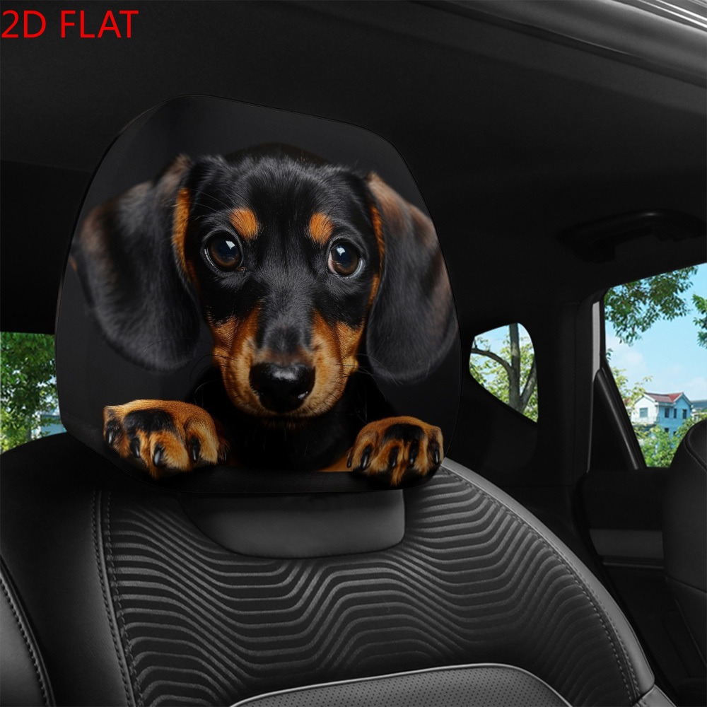 TEMU 2pcs 2d Flat Cute And Fun Sausage Dog Cartoon Printed Car Headrest Cover, , Universal Shape, Use, High Elasticity And Non-shifting Fit, Easy To