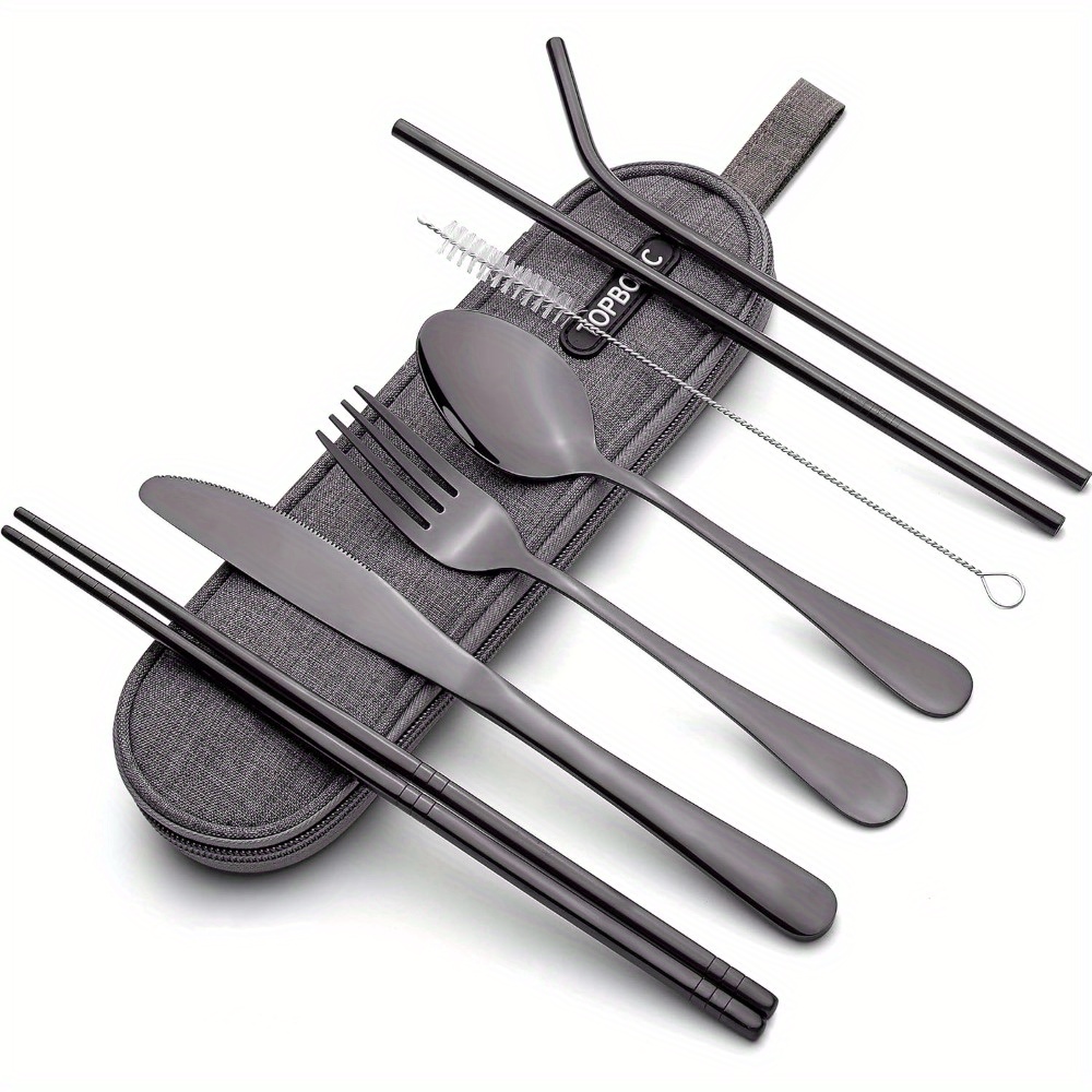 portable stainless steel flatware set travel camping cutlery portable utensil silverware dinnerware set with a case black Product details 1