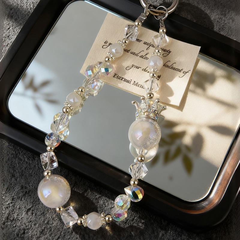 TEMU 1pc Beaded Phone Charm Strap, Elegant Clear Crystal-style Wrist Lanyard With Crown Pendant, Shiny Phone Case Hanging Chain For Phone, Bag & Key