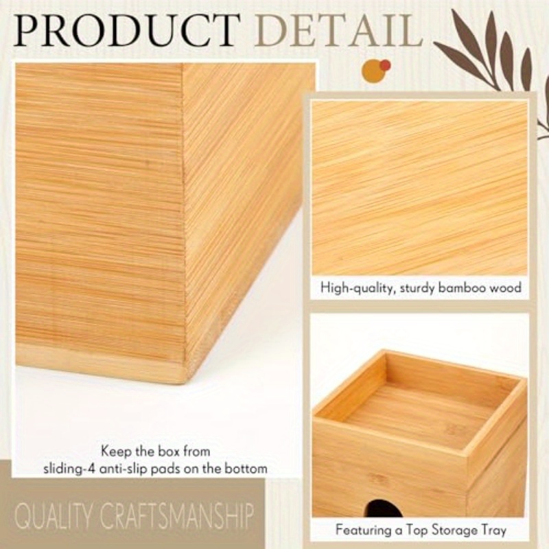 decorative bamboo tissue box cover with a storage tray measuring   x 7 4 inches this square tissue holder is   organizing facial tissues in the bathroom office or bedroom Product details 3