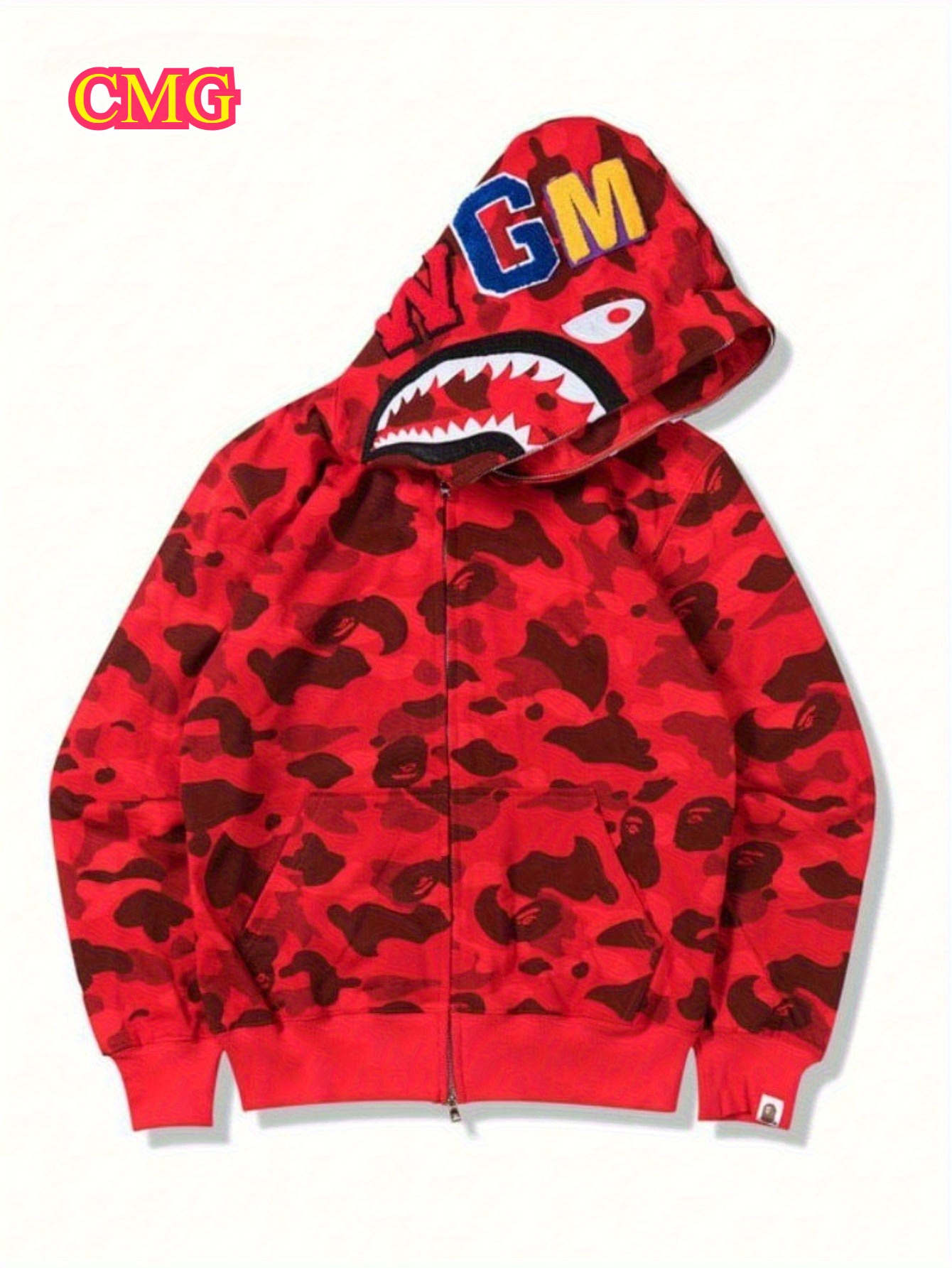 CMG Men'S And Unisex Shark Graphic Zipper Hoodie - Features a 3D Shark Head And Ape/Human Design, with Loose Fit Batwing Sleeves, in Red with Black Camo Print, Suitable for Machine Washing, Perfect for Casual Wear in Spring And Fall