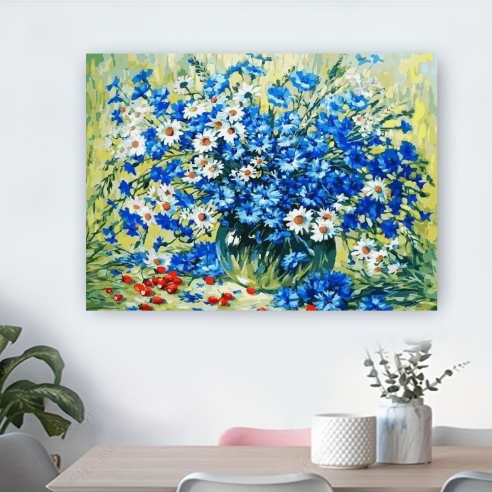 artikel foto volledige ronde/vierkante diamond painting-set geschikt voor alle vaardigheidsniveaus - blauwe korenbloem & madeliefjesboeket retro-impressionistische mozaïekkunst, doe-het-zelf bloemenstilleven met levendige kleuren, geschikt voor verjaardags-/feestdagcadeau voor &
