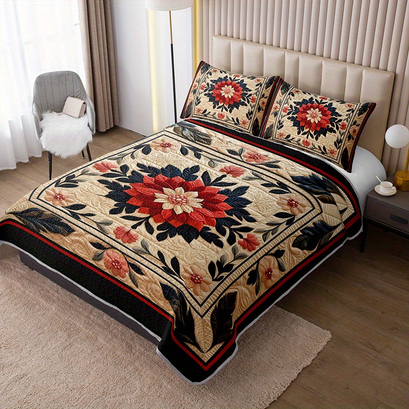 2 3pcs large floral print vintage durable quilted bedding set 1 fitted sheet 1 2 pillowcases pillow inserts not included   size for home dorm use breathable and easy to care