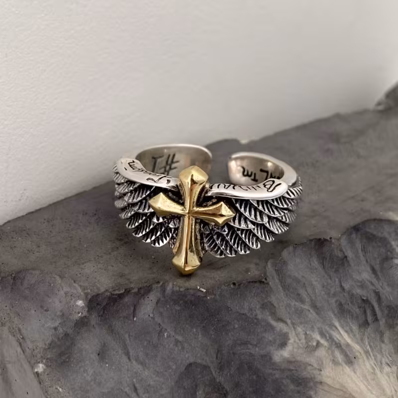 original retro wings cross graffiti letter opening ring domineering mens ring Product details 1