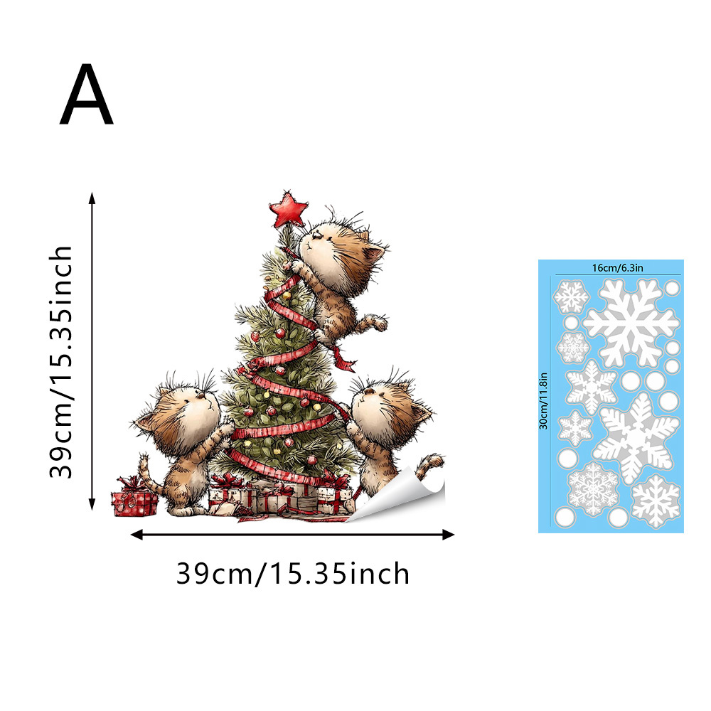 TEMU 1 Set de films pour fenêtres, Décoration de festive, Autocollants de Noël pour fenêtres - Chat fantaisiste et décorant de Noël, PVC réutilisable